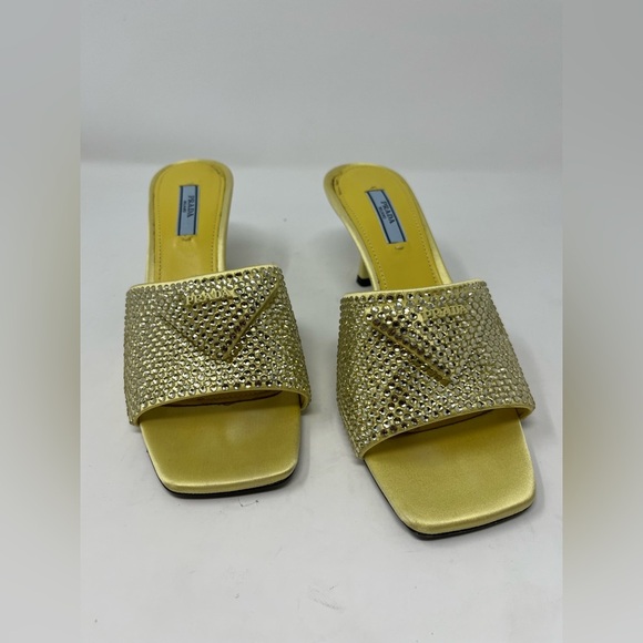 Prada Crystal Embellished Satin Mules Butter Yellow Triangle Logo Open Toe 37.5 - Picture 3 of 8